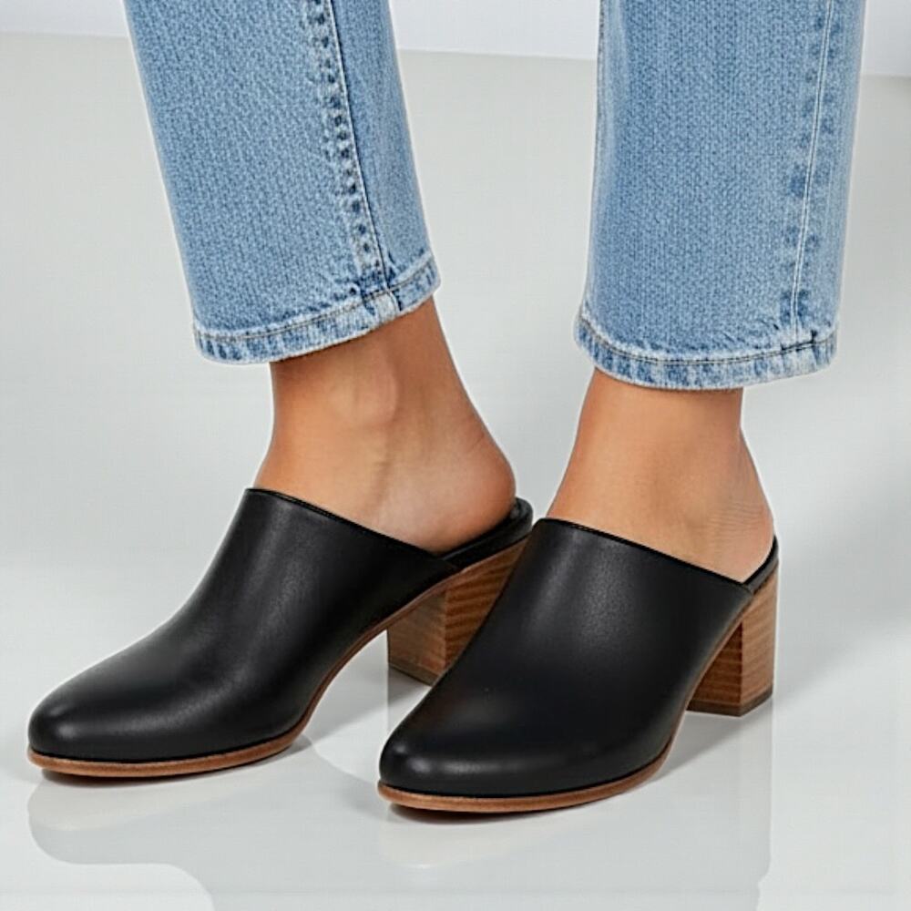 Nisolo All-Day Heeled Mule Black Leather Slip-On Block Heel Mule - Size 5 - NEW